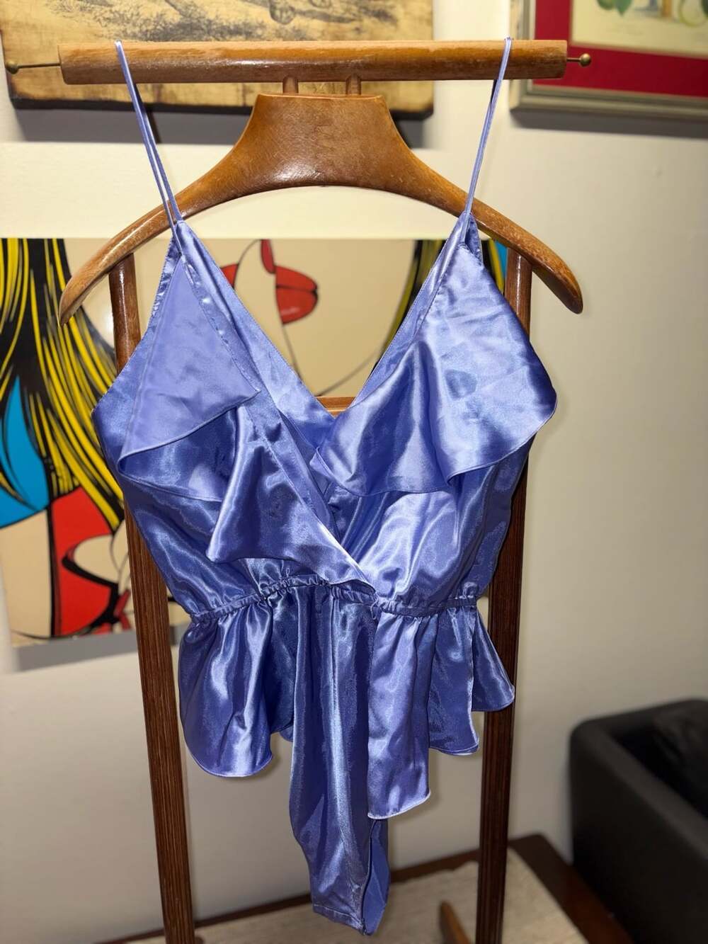 Vintage Victoria's Secret Gold Label Satin Ruffle Bodysuit Size L Blue